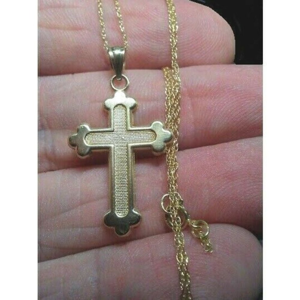Solid 14k Yellow Gold Brushed Polished Cross Pendant Necklace 18"